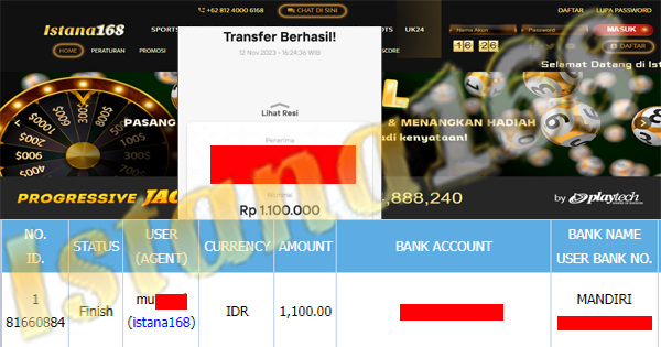 BUKTI KEMENANGAN WD MEMBER IDR 1.100.000