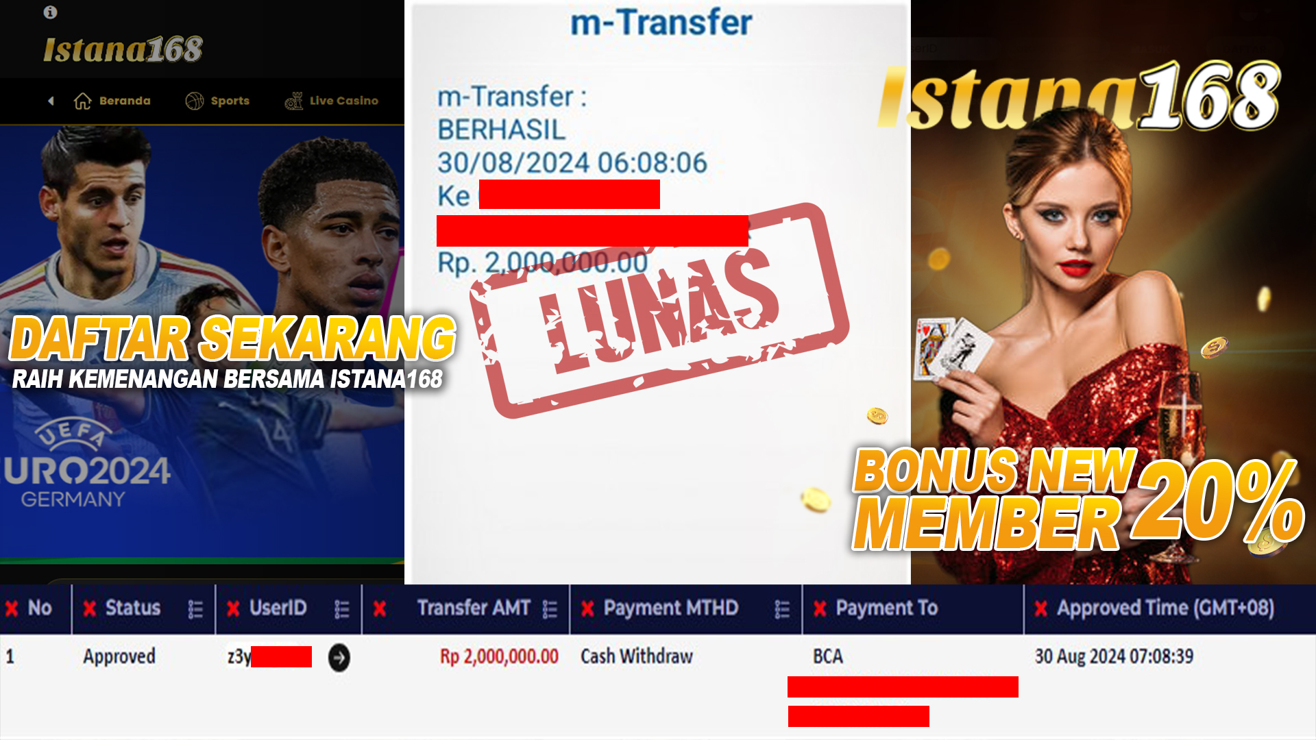 BUKTI KEMENANGAN WD MEMBER ISTANA168 IDR 2.000.000