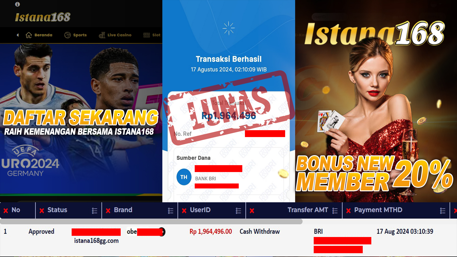 BUKTI KEMENANGAN WD MEMBER ISTANA168 IDR 1.946.496