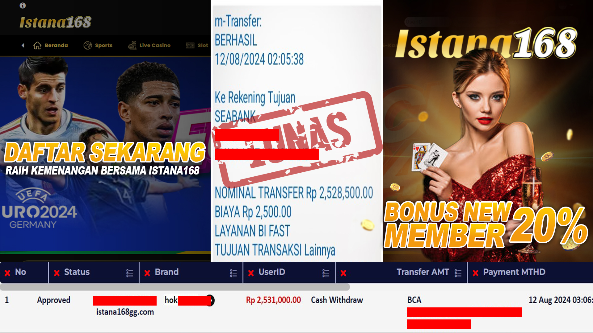 BUKTI KEMENANGAN WD MEMBER ISTANA168 IDR 2.531.000