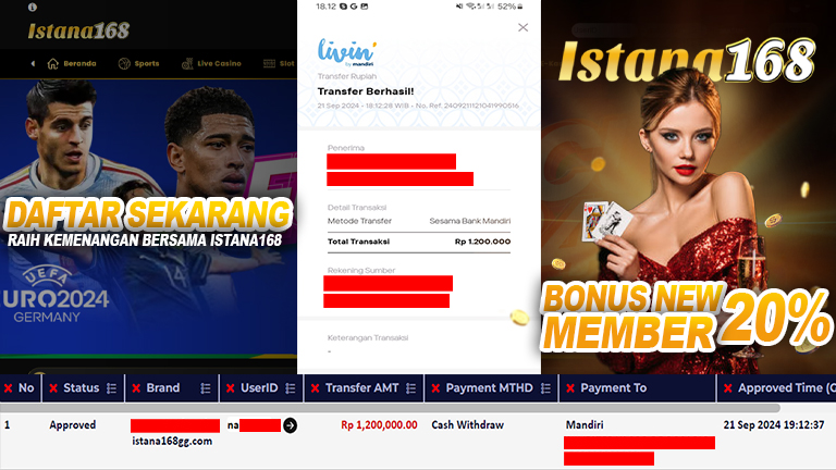 BUKTI KEMENANGAN WD MEMBER ISTANA168 IDR 1.200.000