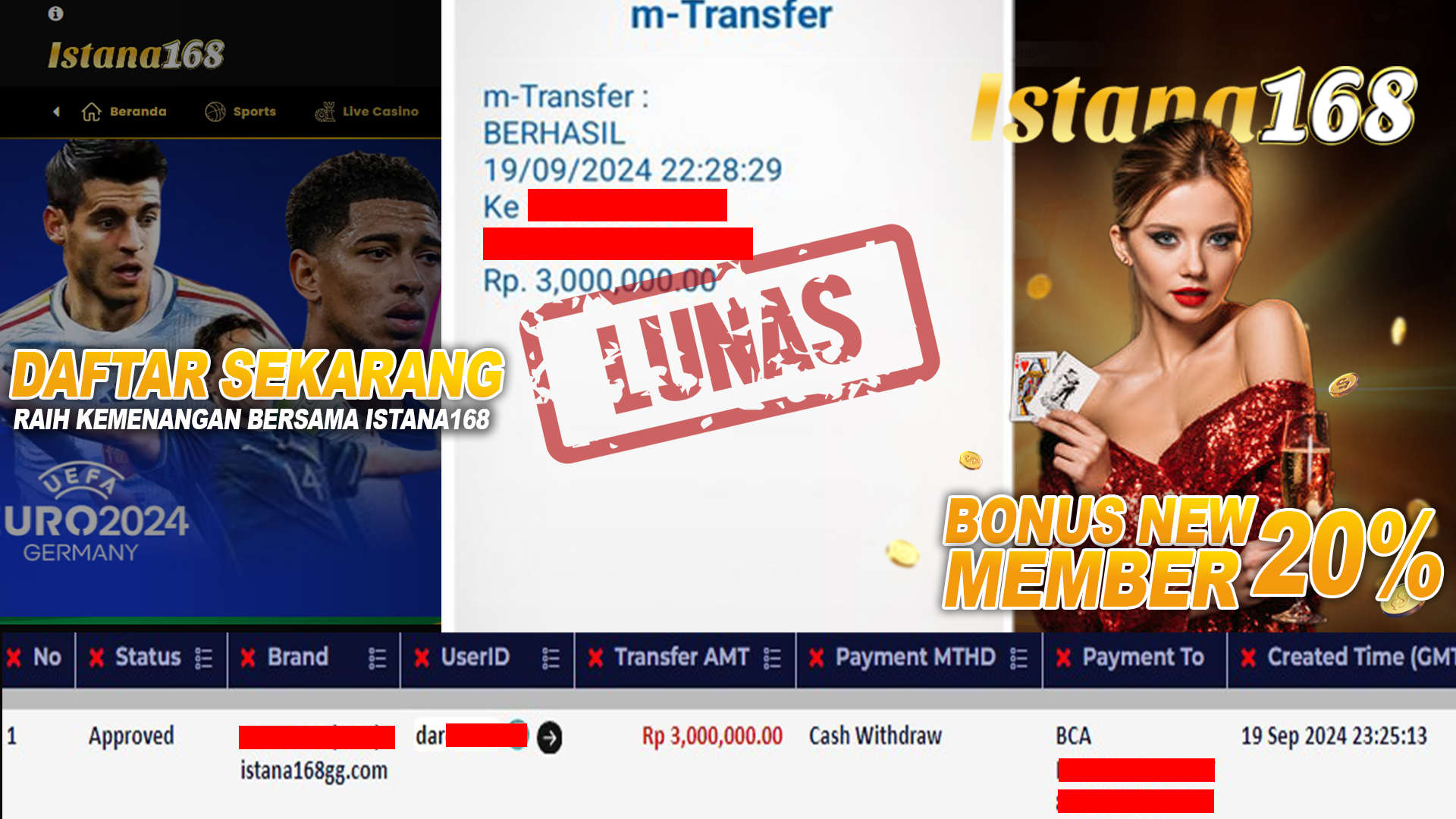 BUKTI KEMENANGAN WD MEMBER ISTANA168 IDR 3.000.000