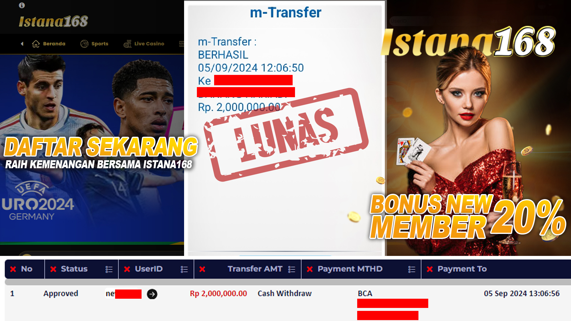 BUKTI KEMENANGAN WD MEMBER ISTANA168 IDR 2.000.000