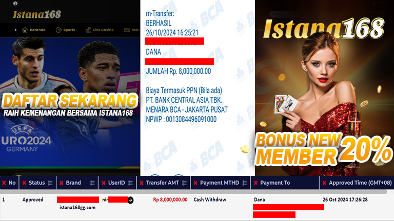 BUKTI KEMENANGAN WD MEMBER ISTANA168 IDR 8.000.000