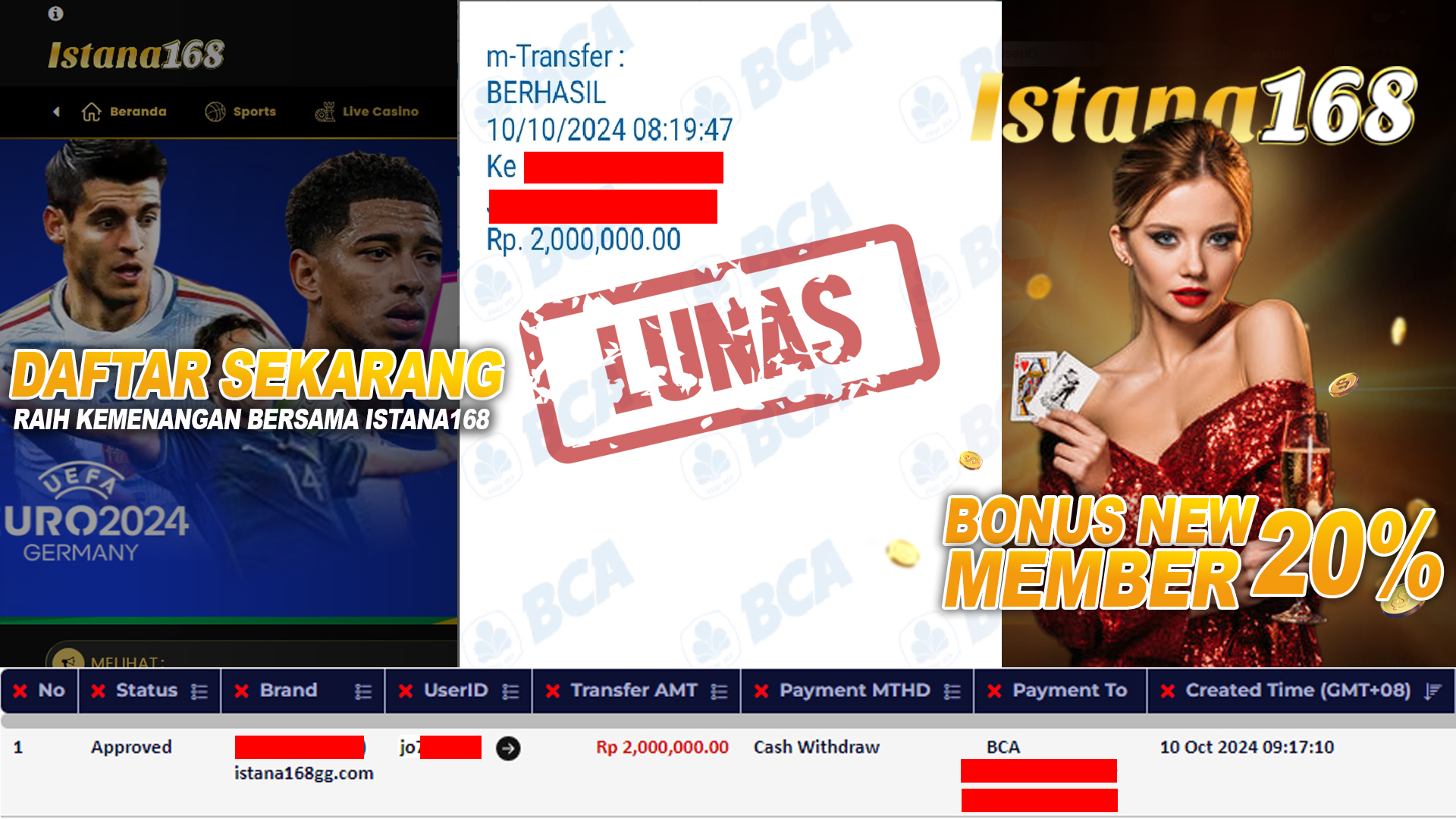 BUKTI KEMENANGAN WD MEMBER ISTANA168 IDR 2.000.000