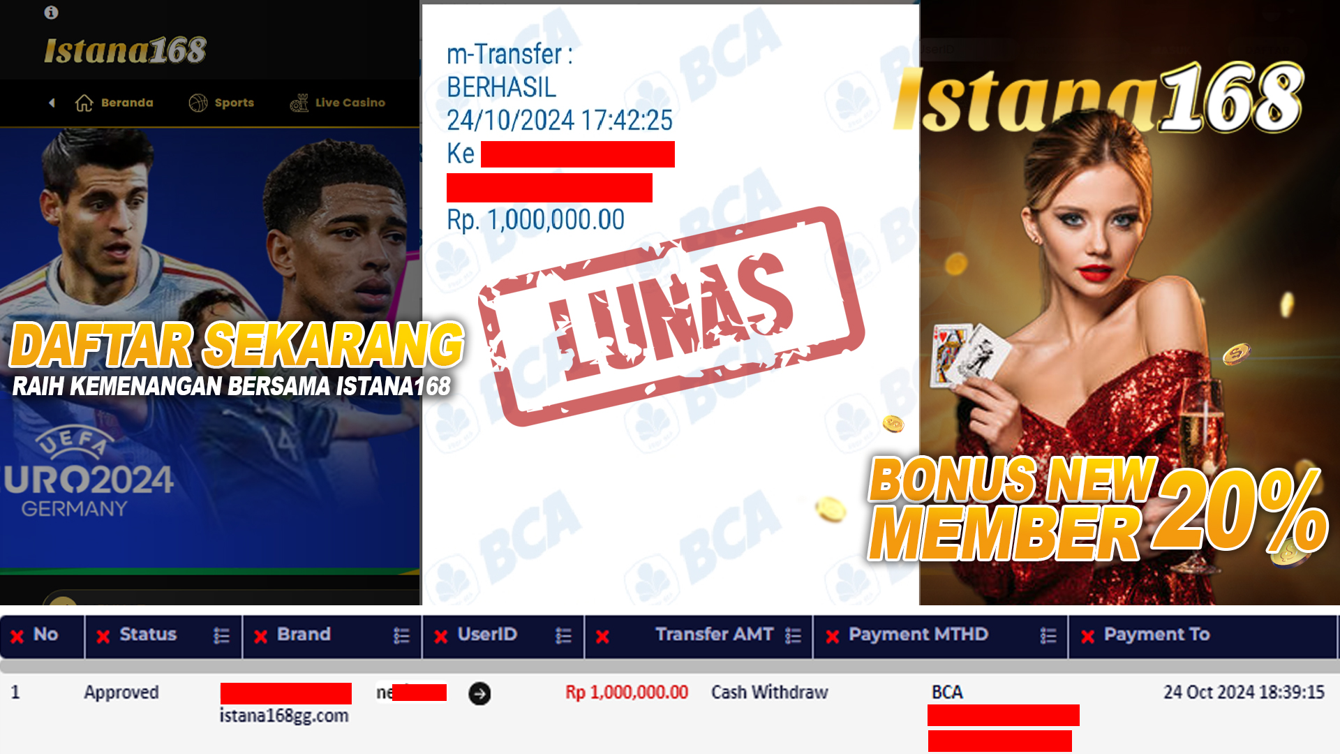 BUKTI KEMENANGAN WD MEMBER ISTANA168 IDR 1.000.000