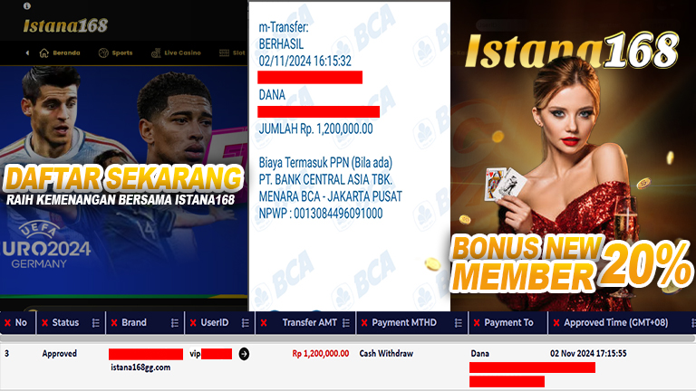 BUKTI KEMENANGAN WD MEMBER ISTANA168 IDR 1.200.000