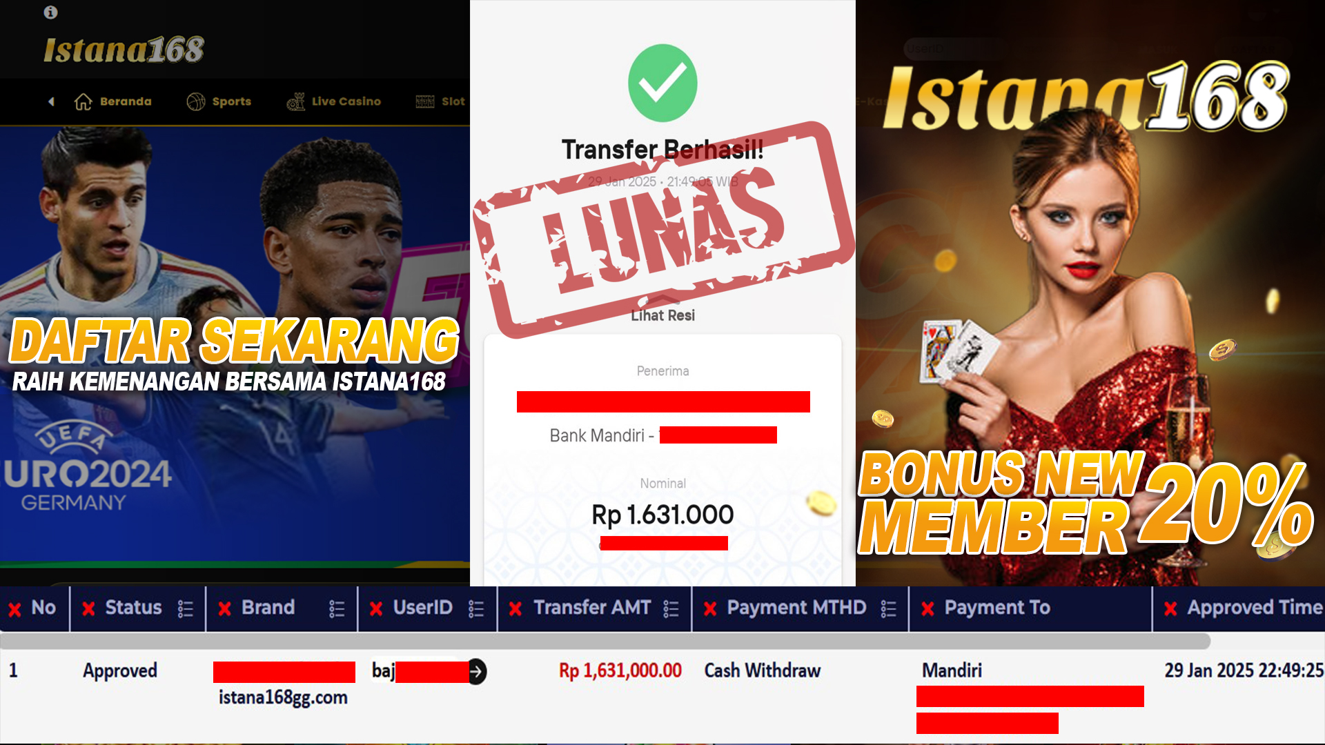 BUKTI KEMENANGAN WD MEMBER ISTANA168 IDR 1.631.000