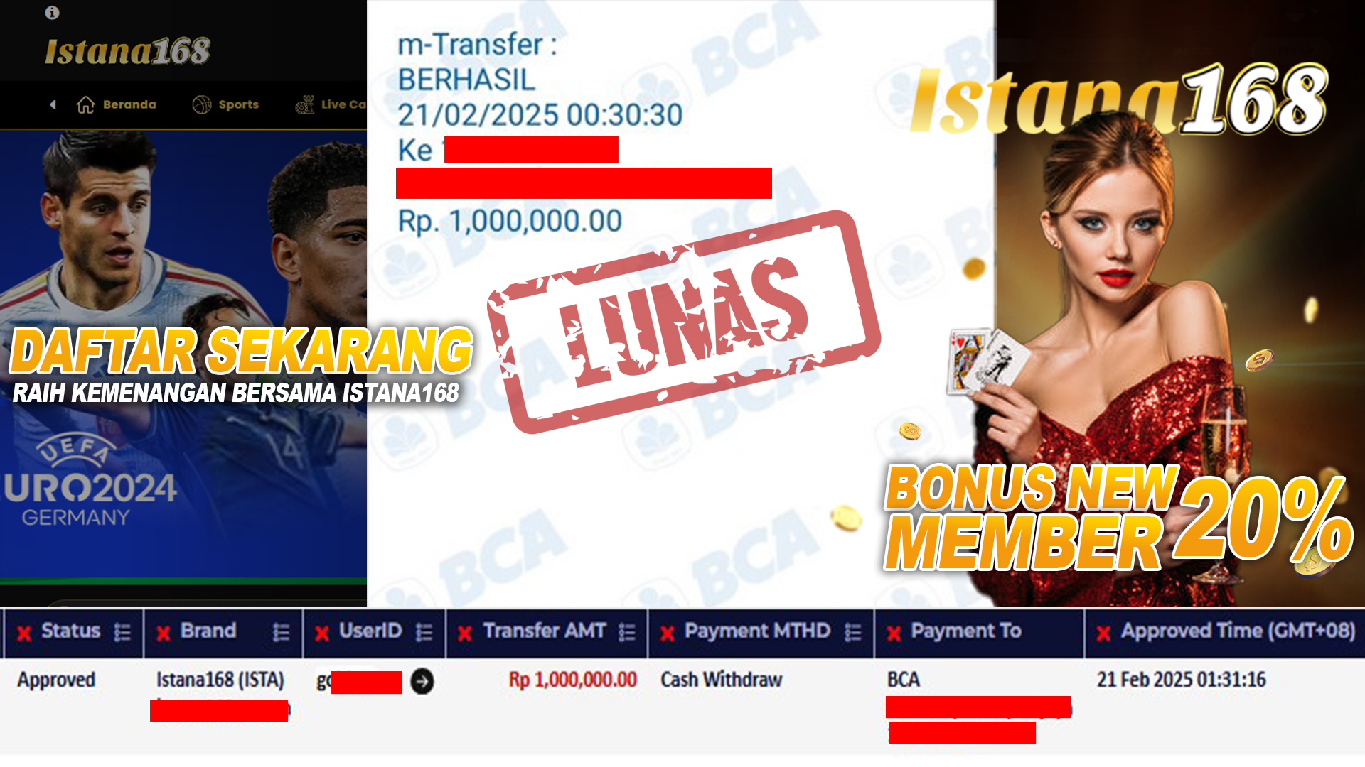 BUKTI KEMENANGAN WD MEMBER ISTANA168 IDR 1.000.000