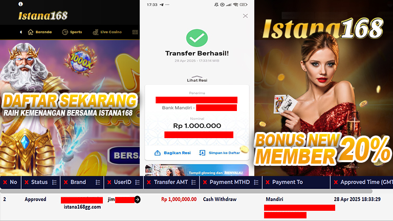 BUKTI KEMENANGAN WD MEMBER ISTANA168 IDR 1.000.000