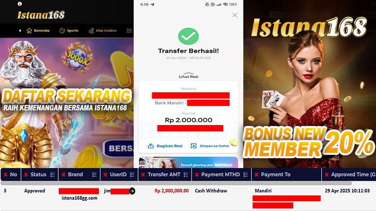 BUKTI KEMENANGAN WD MEMBER ISTANA168 IDR 2.000.000