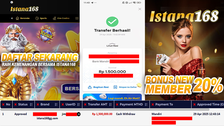 BUKTI KEMENANGAN WD MEMBER ISTANA168 IDR 1.500.000