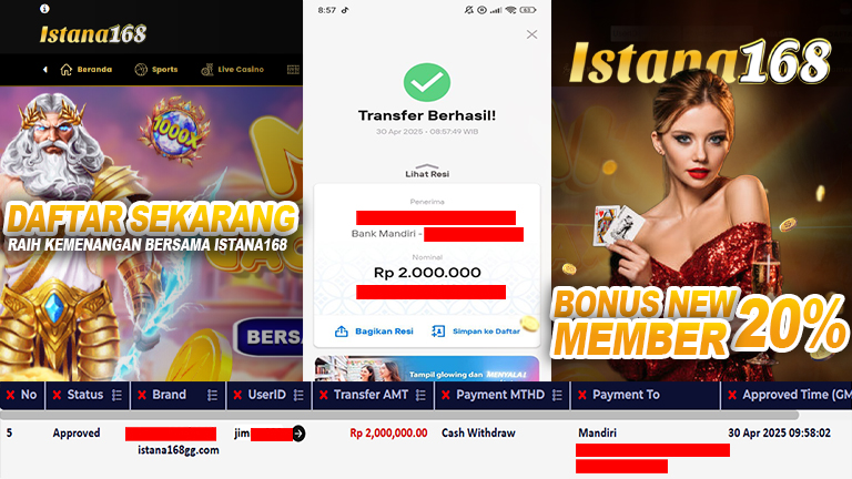 BUKTI KEMENANGAN WD MEMBER ISTANA168 IDR 2.000.000