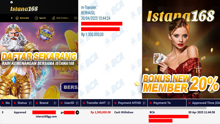 BUKTI KEMENANGAN WD MEMBER ISTANA168 IDR 1.300.000