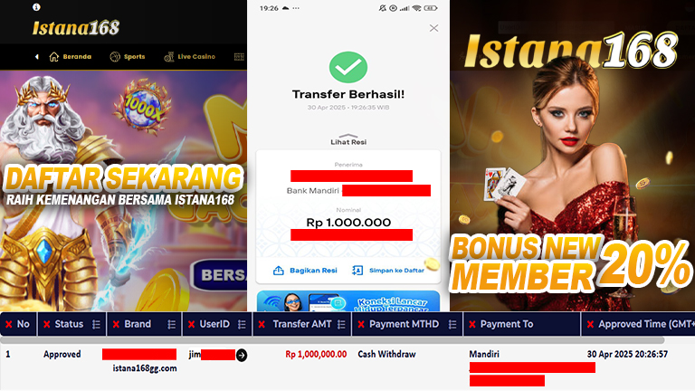 BUKTI KEMENANGAN WD MEMBER ISTANA168 IDR 1.000.000