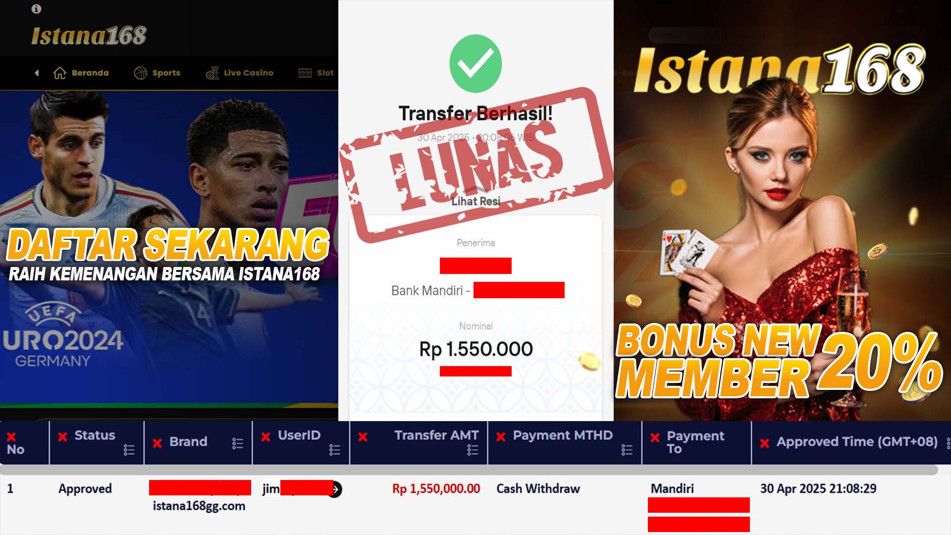 BUKTI KEMENANGAN WD MEMBER ISTANA168 IDR 1.550.000