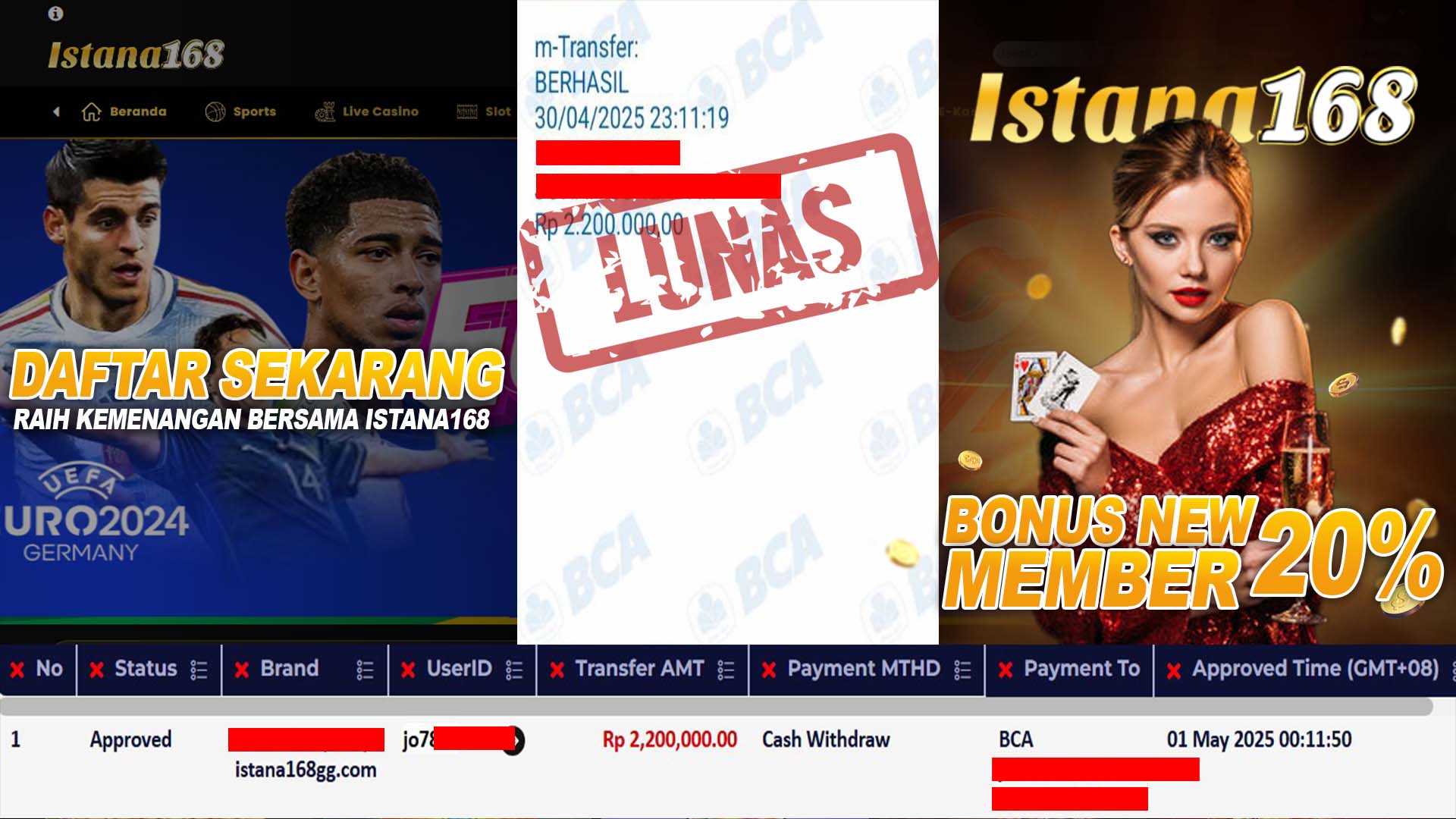 BUKTI KEMENANGAN WD MEMBER ISTANA168 IDR 2.200.000