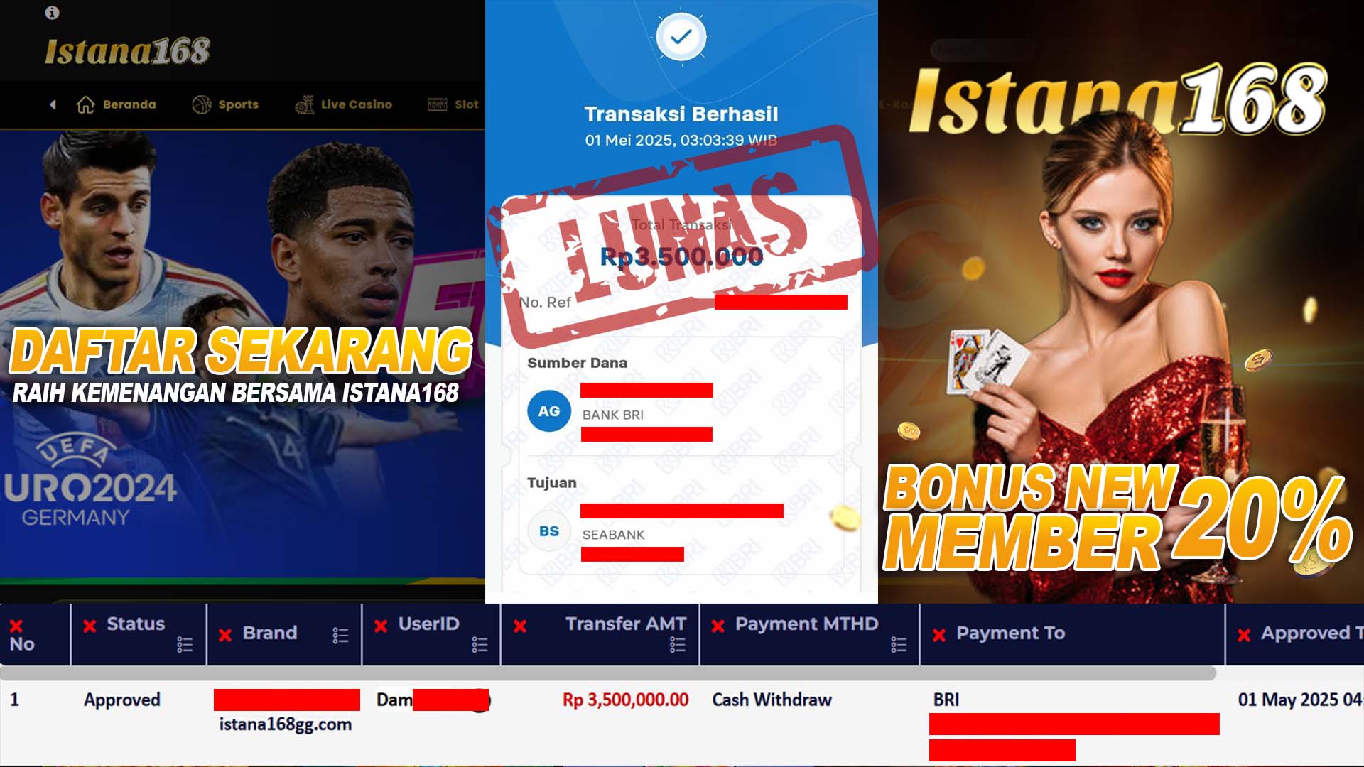 BUKTI KEMENANGAN WD MEMBER ISTANA168 IDR 3.500.000