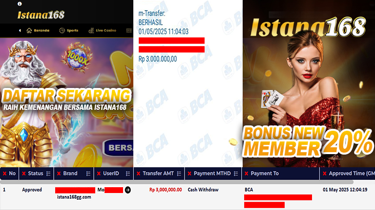 BUKTI KEMENANGAN WD MEMBER ISTANA168 IDR 3.000.000