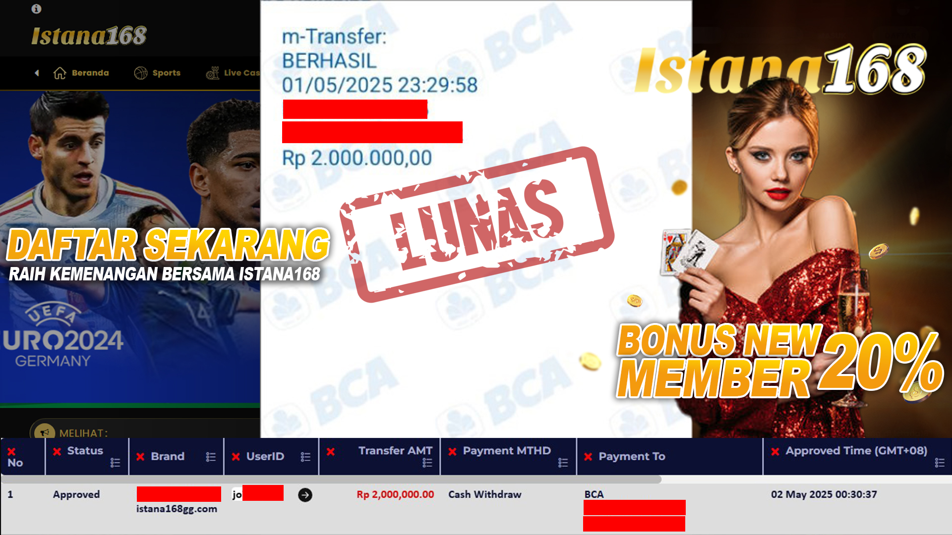 BUKTI KEMENANGAN WD MEMBER ISTANA168 IDR 2.000.000