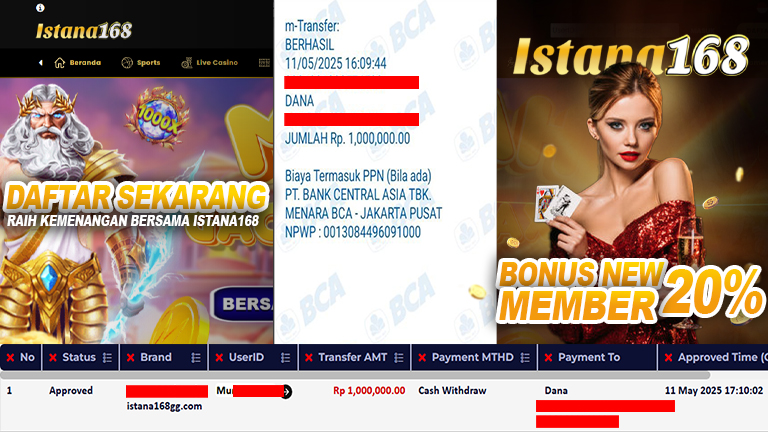 BUKTI KEMENANGAN WD MEMBER ISTANA168 IDR 1.000.000