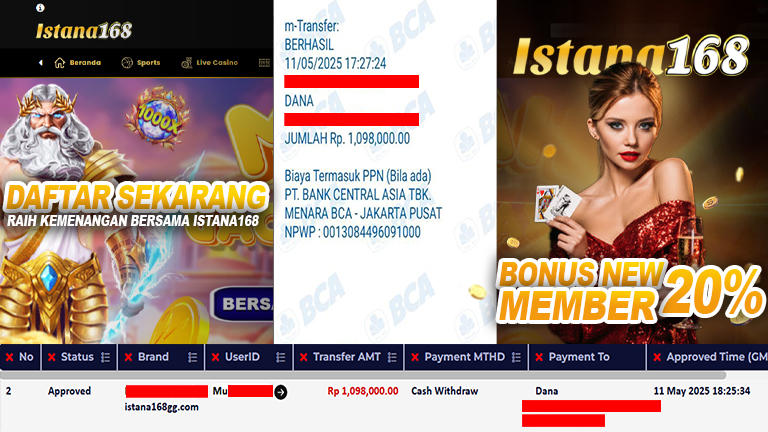 BUKTI KEMENANGAN WD MEMBER ISTANA168 IDR 1.098.000