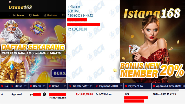 BUKTI KEMENANGAN WD MEMBER ISTANA168 IDR 1.000.000