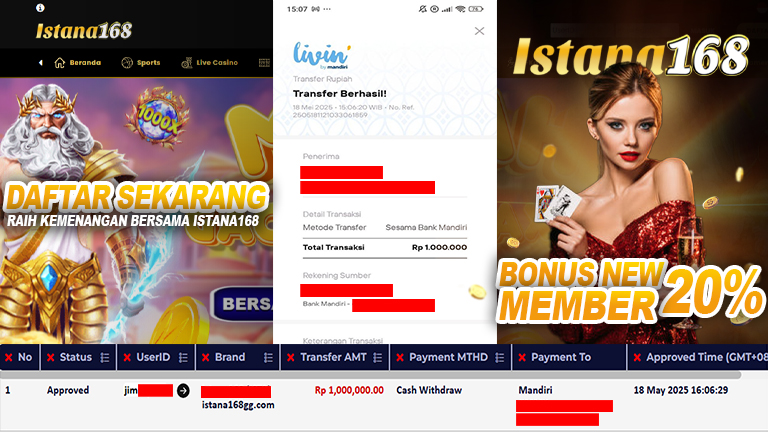 BUKTI KEMENANGAN WD MEMBER ISTANA168 IDR 1.000.000