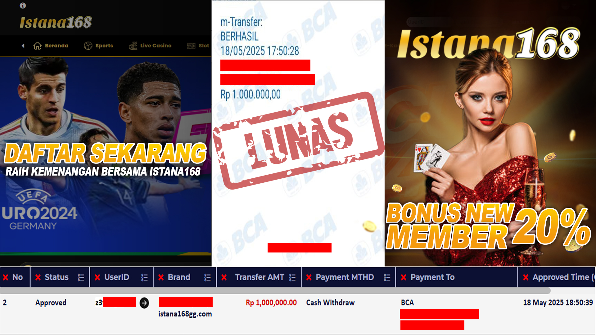 BUKTI KEMENANGAN WD MEMBER ISTANA168 IDR 1.000.000