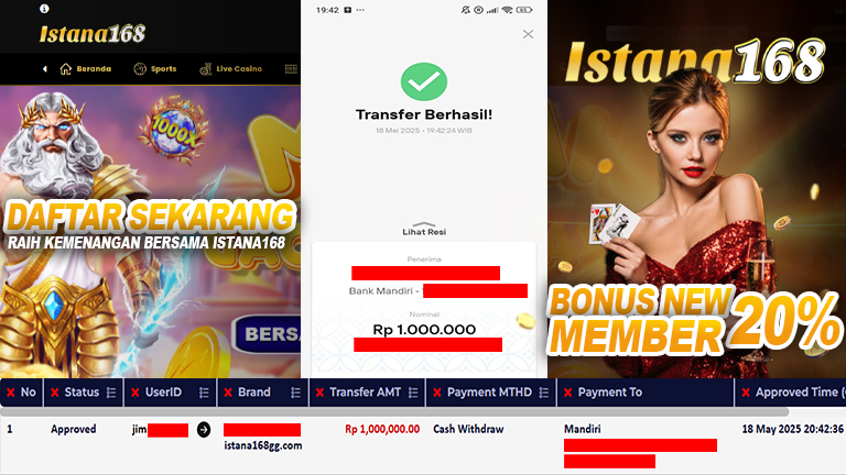 BUKTI KEMENANGAN WD MEMBER ISTANA168 IDR 1.000.000