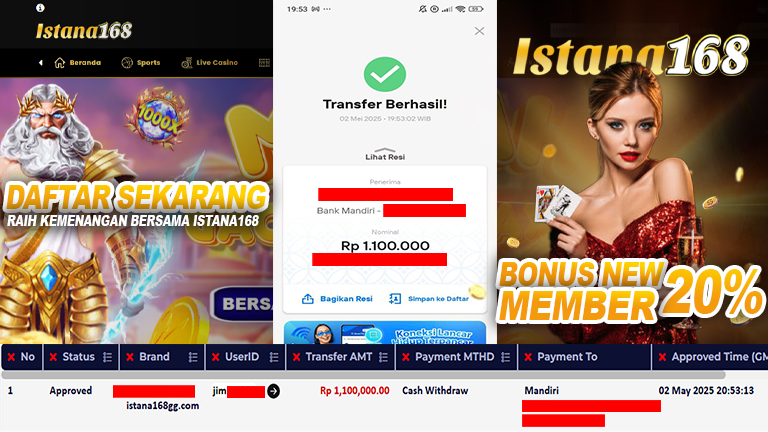 BUKTI KEMENANGAN WD MEMBER ISTANA168 IDR 1.100.000