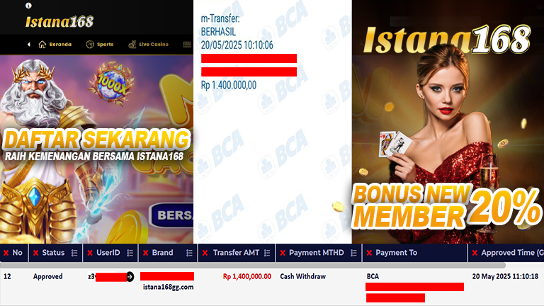 BUKTI KEMENANGAN WD MEMBER ISTANA168 IDR 1.400.000
