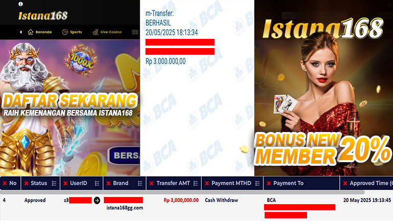 BUKTI KEMENANGAN WD MEMBER ISTANA168 IDR 3.000.000