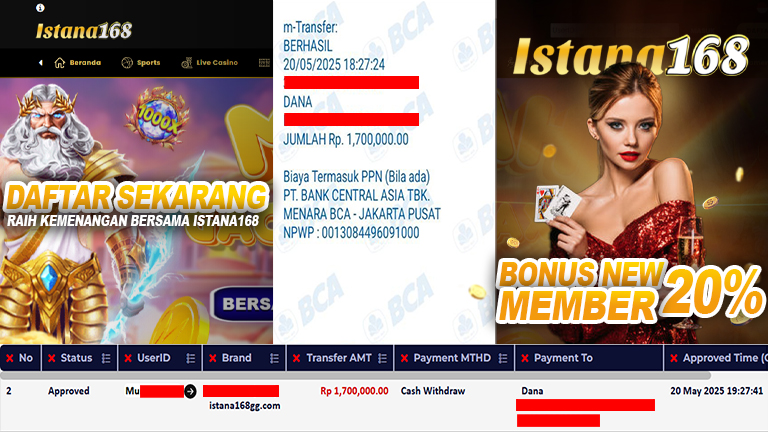 BUKTI KEMENANGAN WD MEMBER ISTANA168 IDR 1.700.000