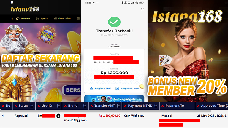 BUKTI KEMENANGAN WD MEMBER ISTANA168 IDR 1.300.000