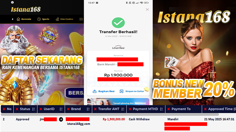 BUKTI KEMENANGAN WD MEMBER ISTANA168 IDR 1.900.000