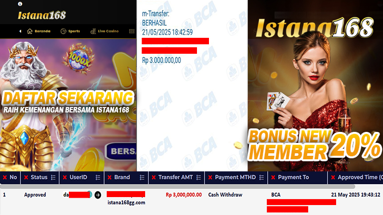 BUKTI KEMENANGAN WD MEMBER ISTANA168 IDR 3.000.000