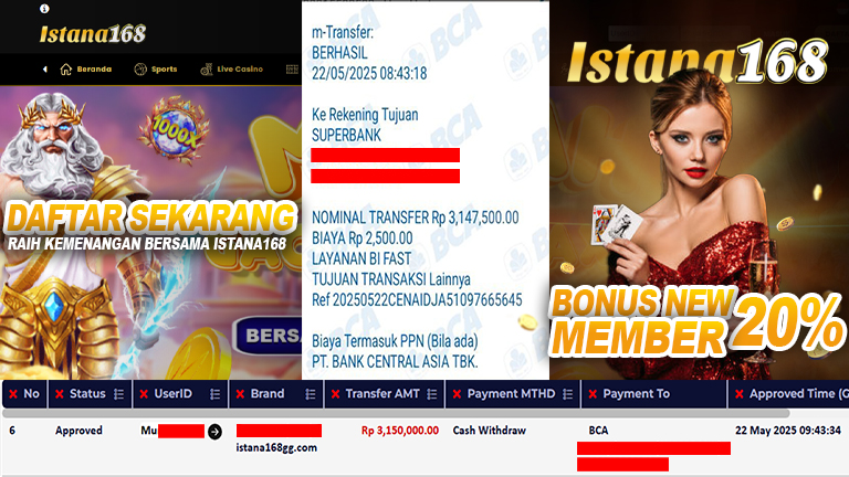 BUKTI KEMENANGAN WD MEMBER ISTANA168 IDR 3.150.000