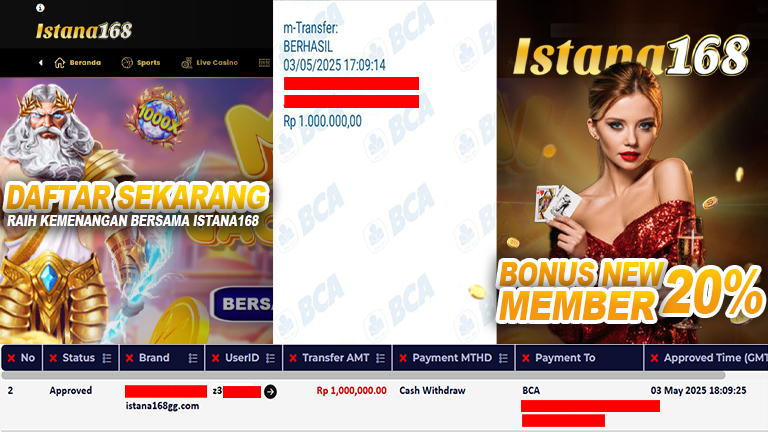 BUKTI KEMENANGAN WD MEMBER ISTANA168 IDR 1.000.000