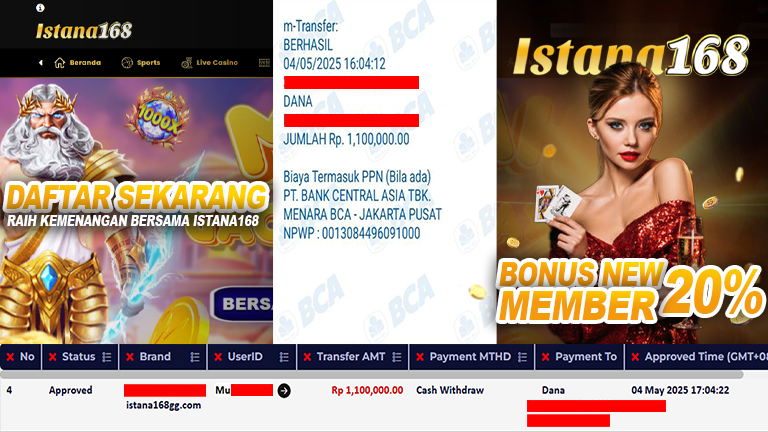 BUKTI KEMENANGAN WD MEMBER ISTANA168 IDR 1.100.000