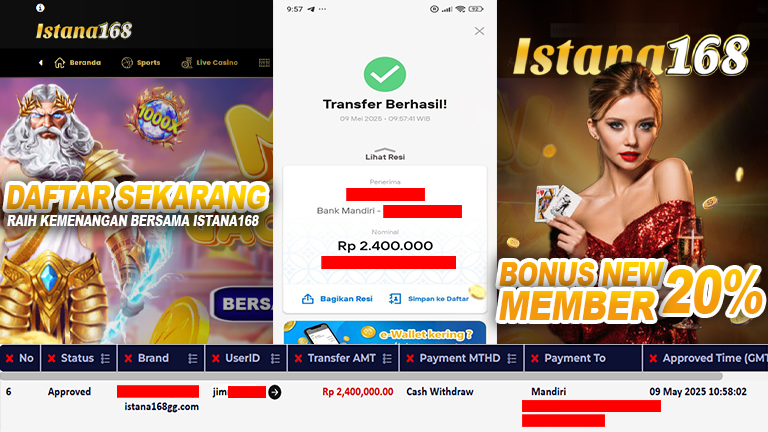 BUKTI KEMENANGAN WD MEMBER ISTANA168 IDR 2.400.000