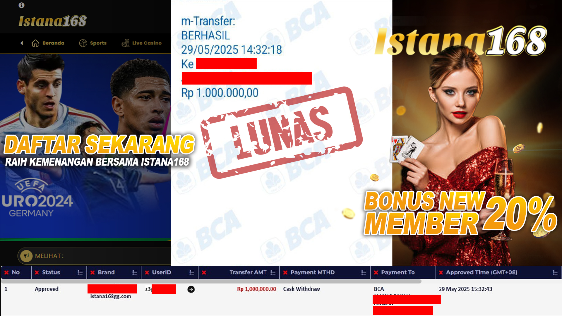 BUKTI KEMENANGAN WD MEMBER ISTANA168 IDR 1.000.000