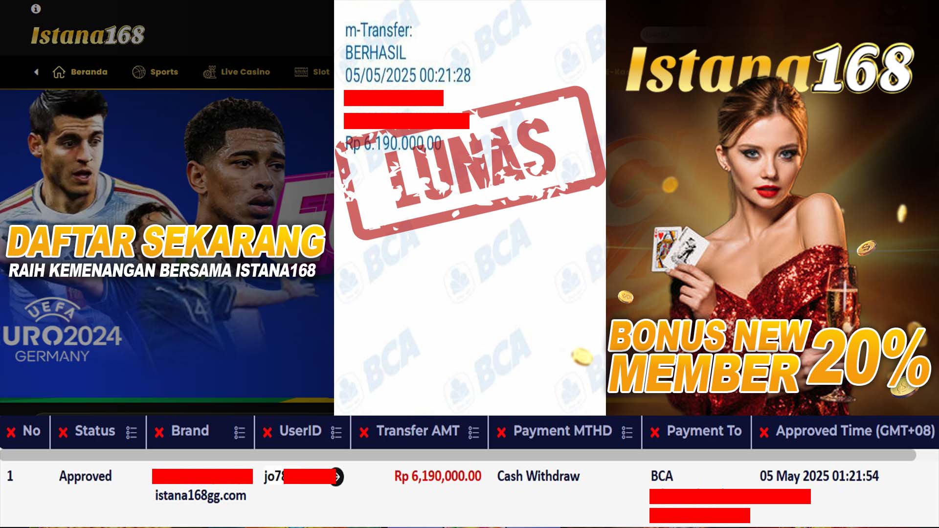 BUKTI KEMENANGAN WD MEMBER ISTANA168 IDR 6.190.000