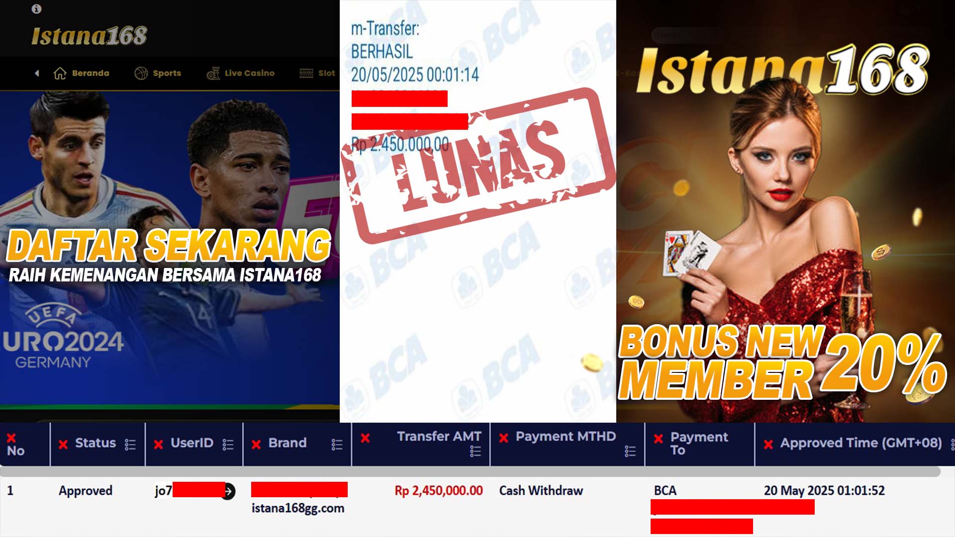 BUKTI KEMENANGAN WD MEMBER ISTANA168 IDR 2.450.000