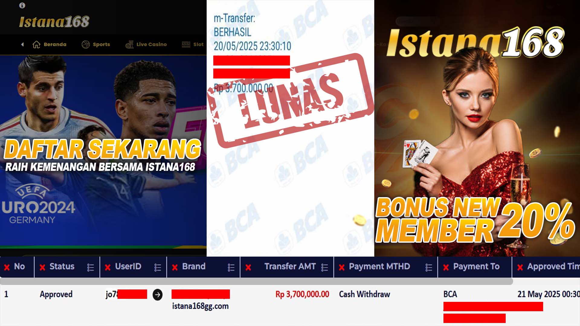 BUKTI KEMENANGAN WD MEMBER ISTANA168 IDR 3.700.000