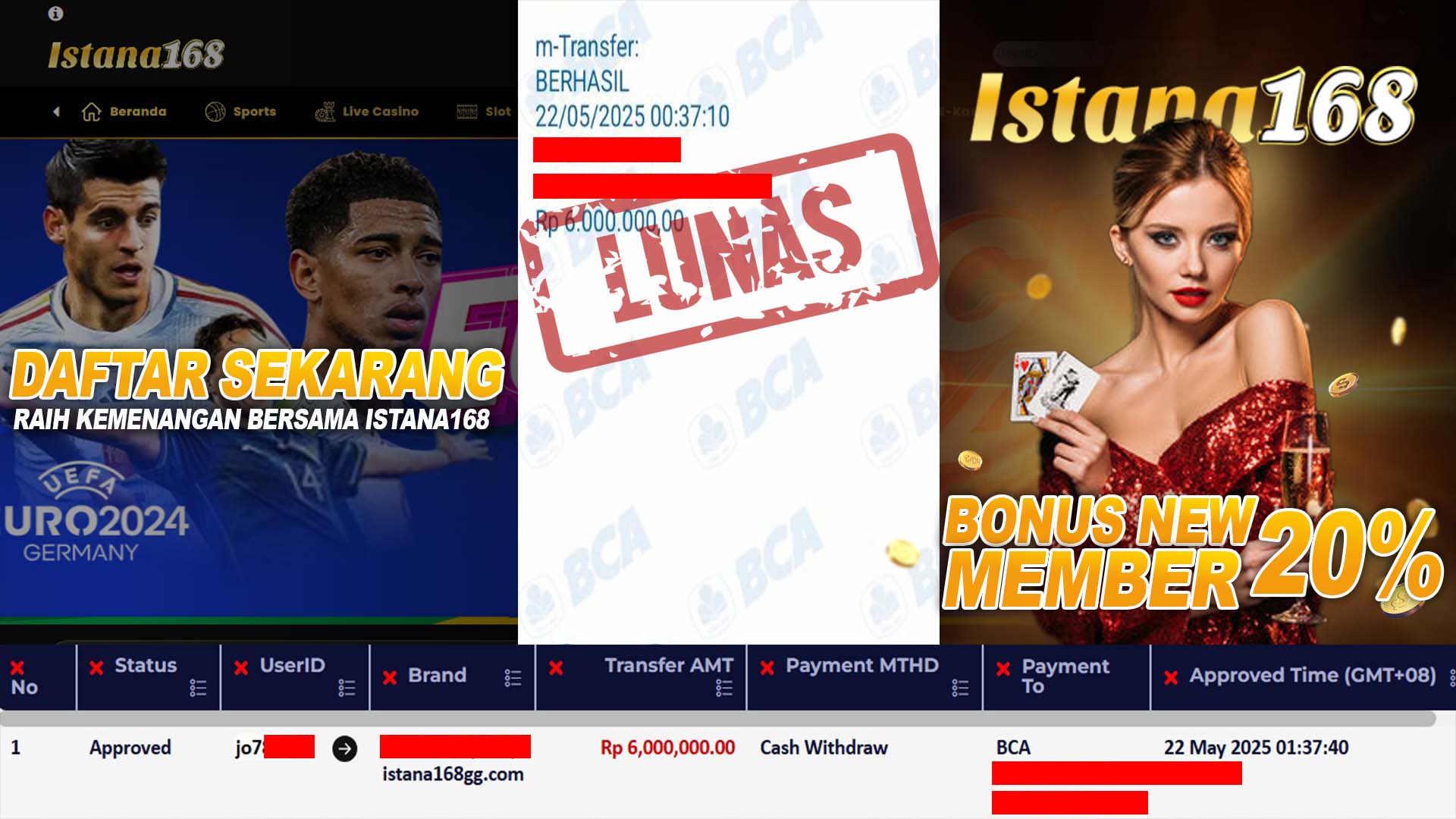 BUKTI KEMENANGAN WD MEMBER ISTANA168 IDR 6.000.000
