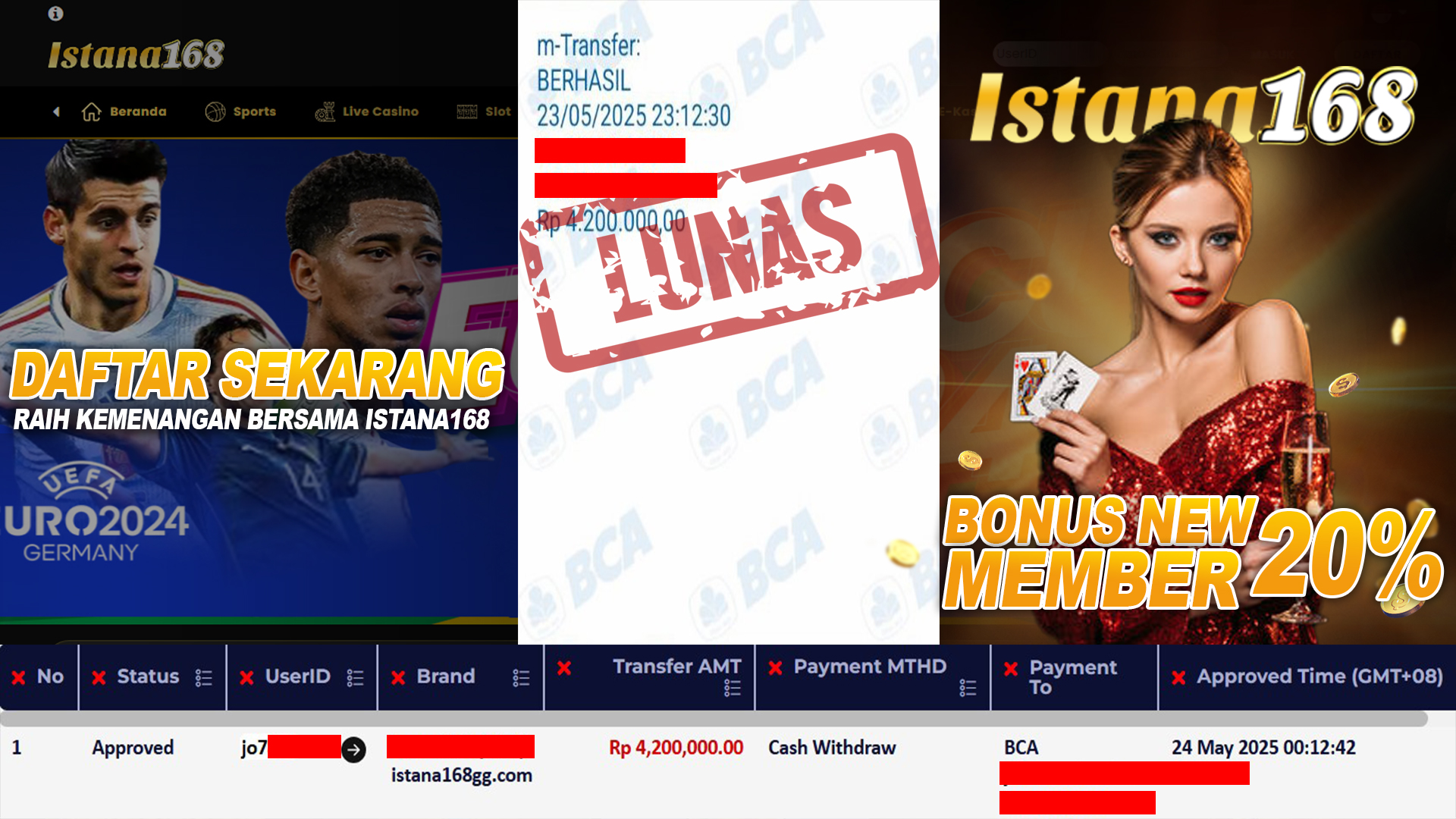 BUKTI KEMENANGAN WD MEMBER ISTANA168 IDR 4.200.000