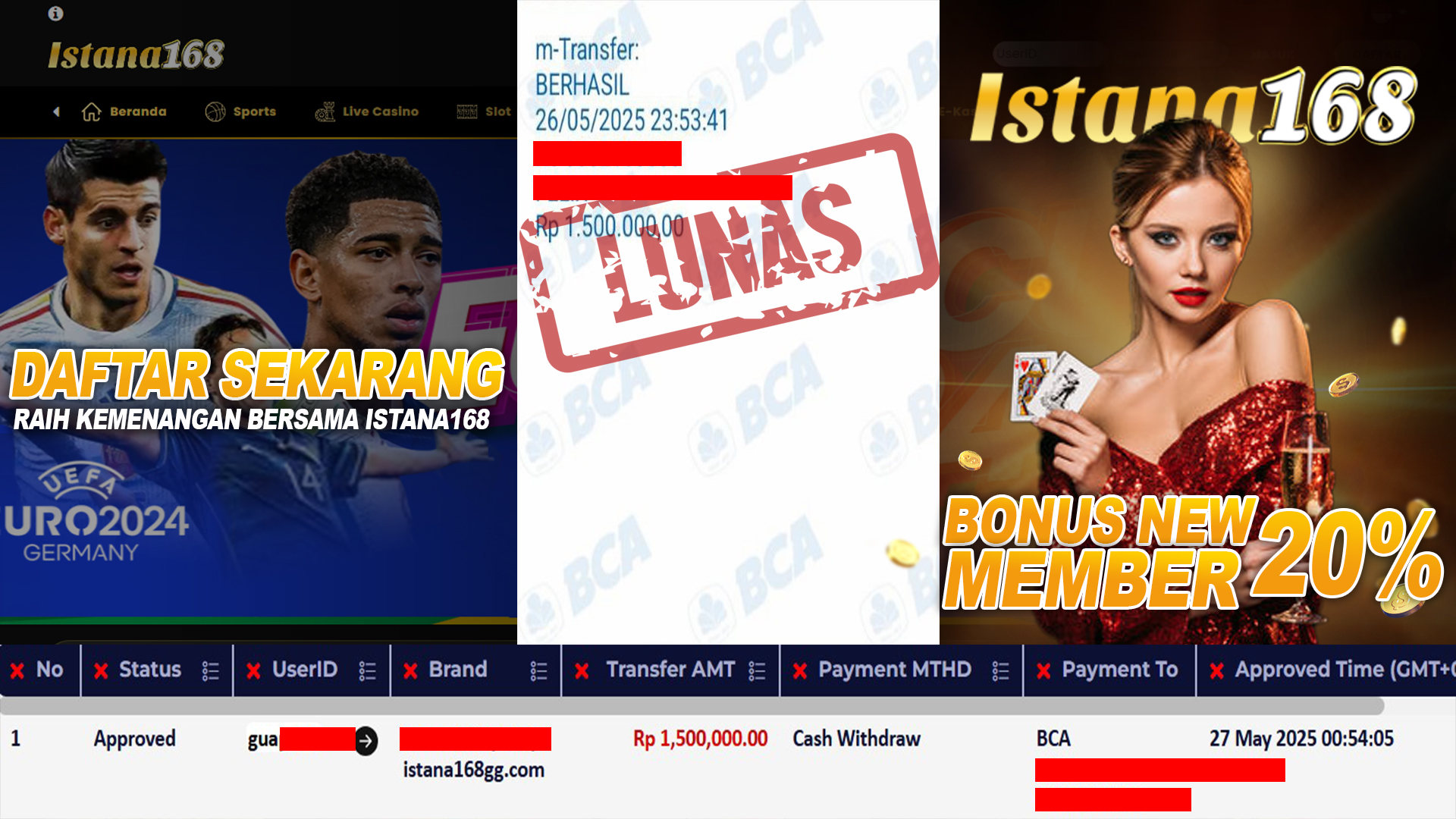 BUKTI KEMENANGAN WD MEMBER ISTANA168 IDR 1.500.000