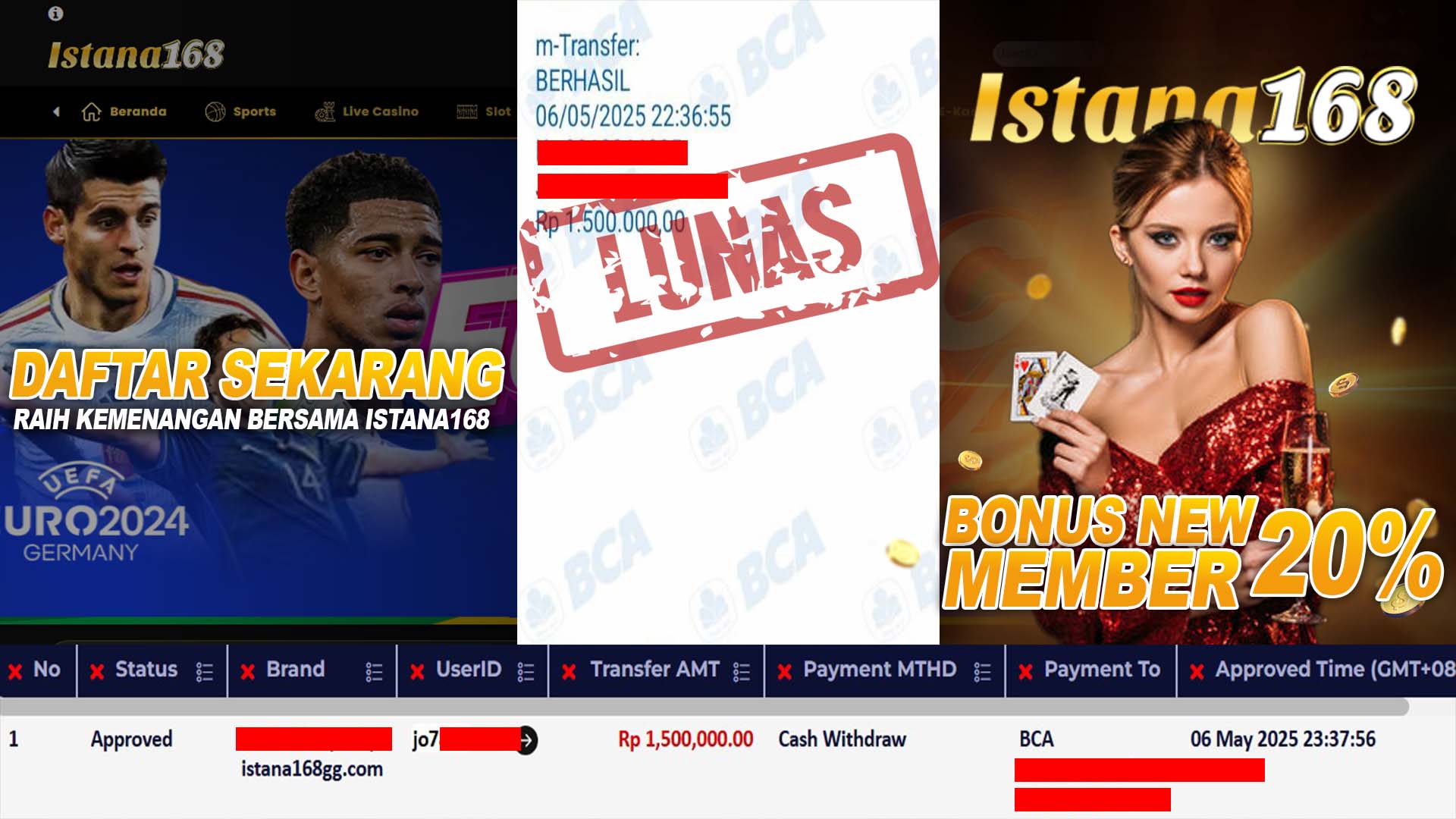 BUKTI KEMENANGAN WD MEMBER ISTANA168 IDR 1.500.000