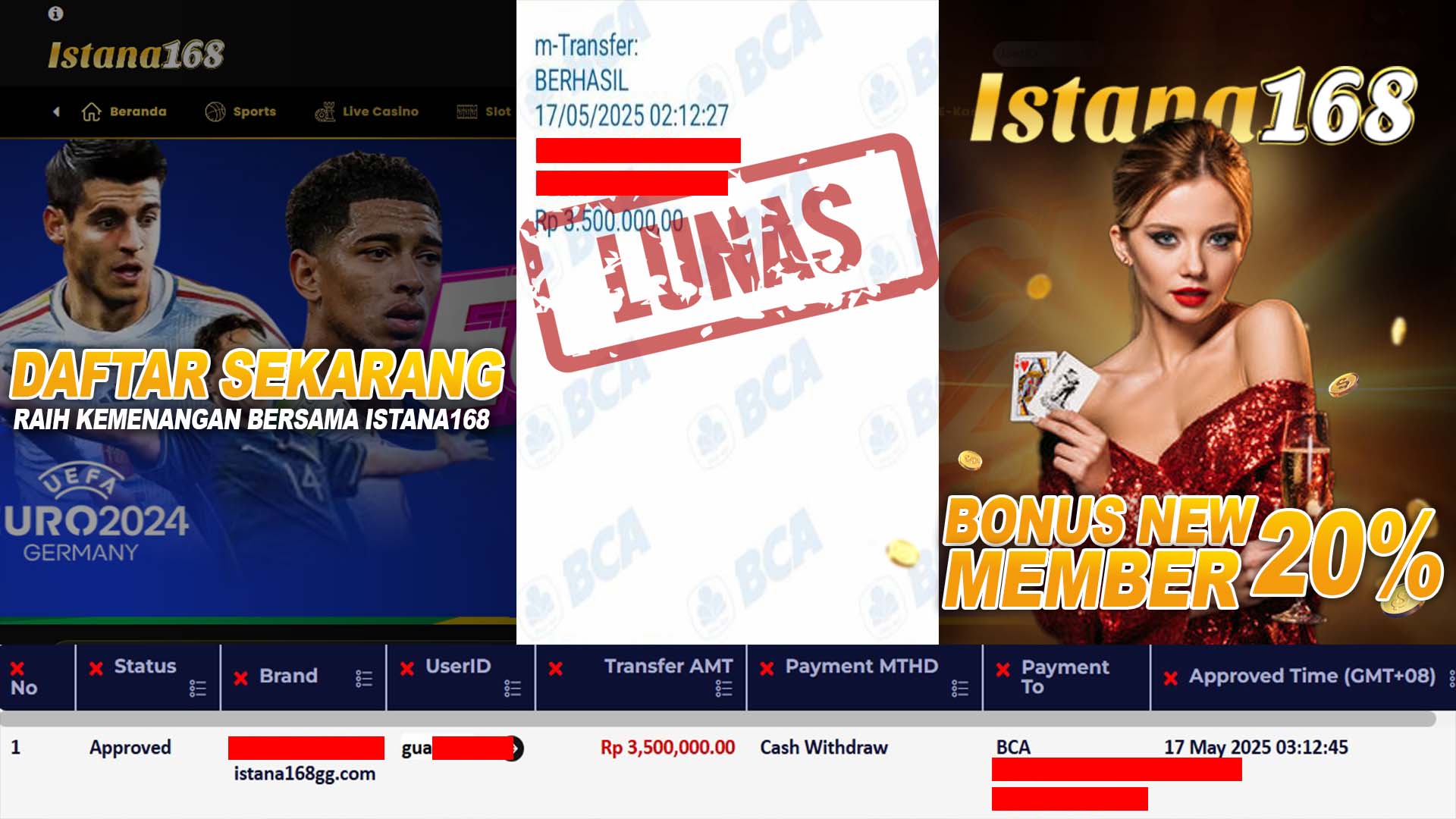 BUKTI KEMENANGAN WD MEMBER ISTANA168 IDR 3.500.000